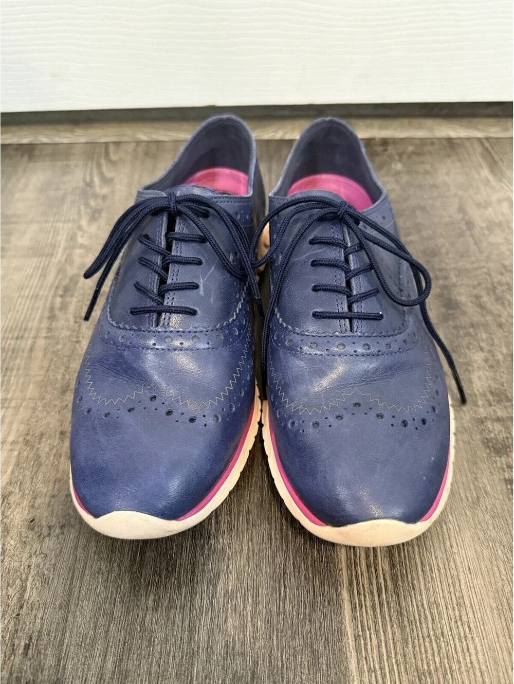 Cole Haan Zerogrand Navy Blue Leather Wingtip Oxford Shoes W24574 Womens Sz 7.5